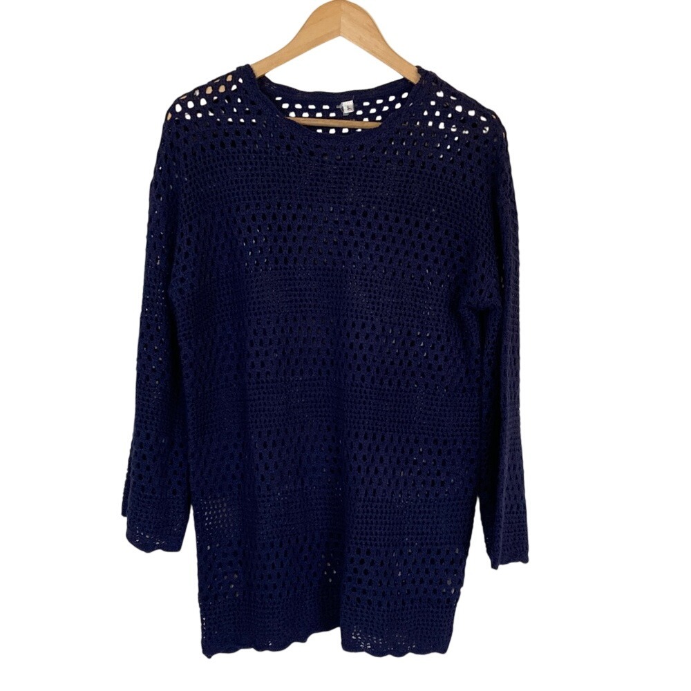Womens Navy Blue Women's Long Line Open Crochet Sweater‎ Swim Cover Size Small